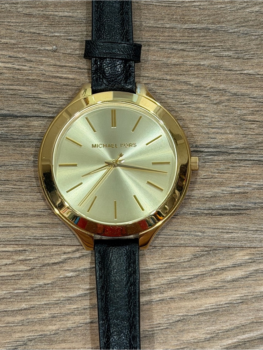 Michael Kors Gold Dial with Black Slim Leather Strap Ladies Watch